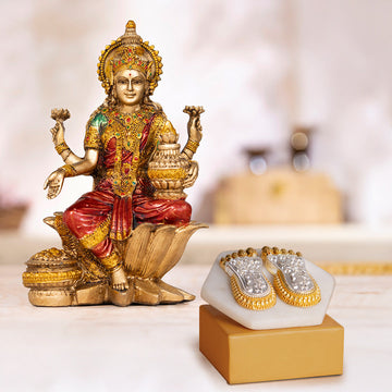 Goddess Lakshmi Antique Idol (7 Inch) with Maa Lakshmi's Charan Paduka - Gold & Silver Plated (3 Inch) - Combo