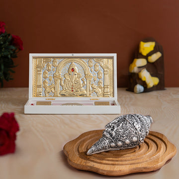 Ganesh Shankh (Conch) - Silver Plated (5 Inch) with Ganesha Pocket Temple - Gold Plated (Small) - Combo
