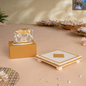 Kamdhenu Cow with Calf Idol - Gold & Silver Plated (3.5 Inch) with White & Gold Pearl Pooja Chowki (7 Inch) - Combo