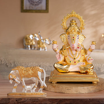 Kamdhenu Cow with Calf Idol - Gold & Silver Plated (2.5 Inch) & Dagdusheth Halwai Ganpati Murti - Gold Plated (10 Inch) – Combo