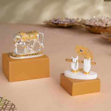 Kamdhenu Cow with Calf Idol - Gold & Silver Plated (3.5 Inch) with Lord Krishna's Divine Hands Idol For Car Dashboard - Gold Plated (4 Inch) - Combo