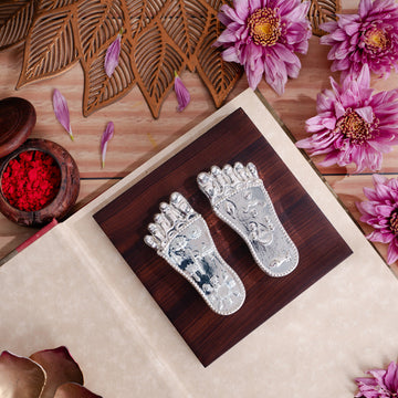 Shree Krishna's Charan Paduka (Lotus Feet) On Base - Silver Plated