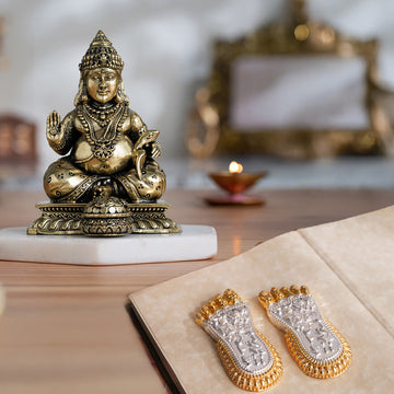 Brass Lord Kubera Statue with Mongoose (4 Inches) & Maa Lakshmi's Charan Paduka - Gold & Silver Plated (3 Inch) – Combo