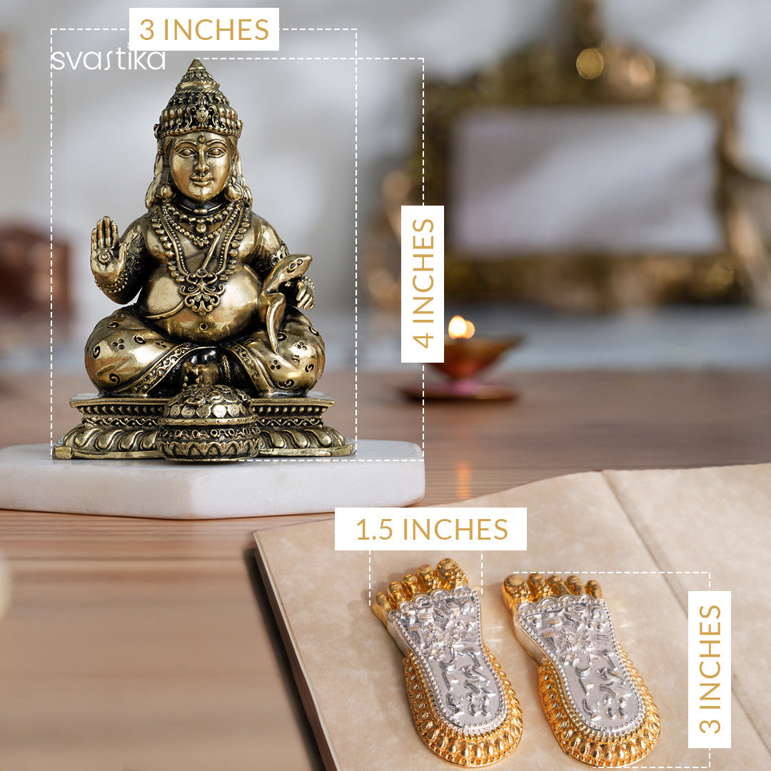 Brass Lord Kubera Statue with Mongoose (4 Inches) & Maa Lakshmi's Charan Paduka - Gold & Silver Plated (3 Inch) – Combo