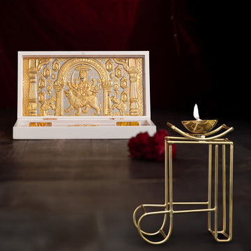 Svastika Nav Durga Pocket Temple - Gold Coated (Small) with Brass Maa Symbol Diya (5 Inch) - Combo
