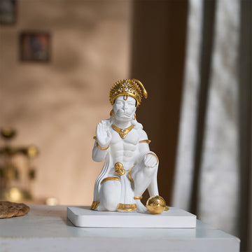 Premium White & Gold Hanuman Ji Kneeling Statue (6.5 Inch)