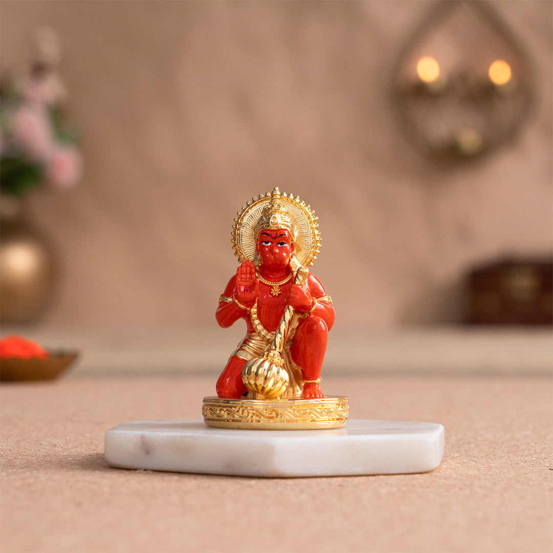 Sinduri Hanuman Murti Car Dashboard Idol - Gold Plated (3.5 Inch)