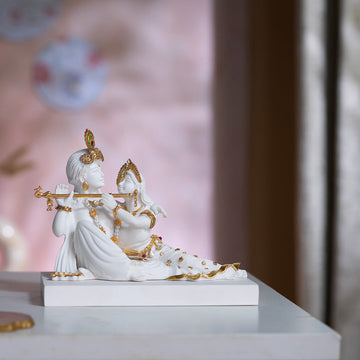 Luxurious White & Gold Sitting Radha Krishna Murti (6 Inch)