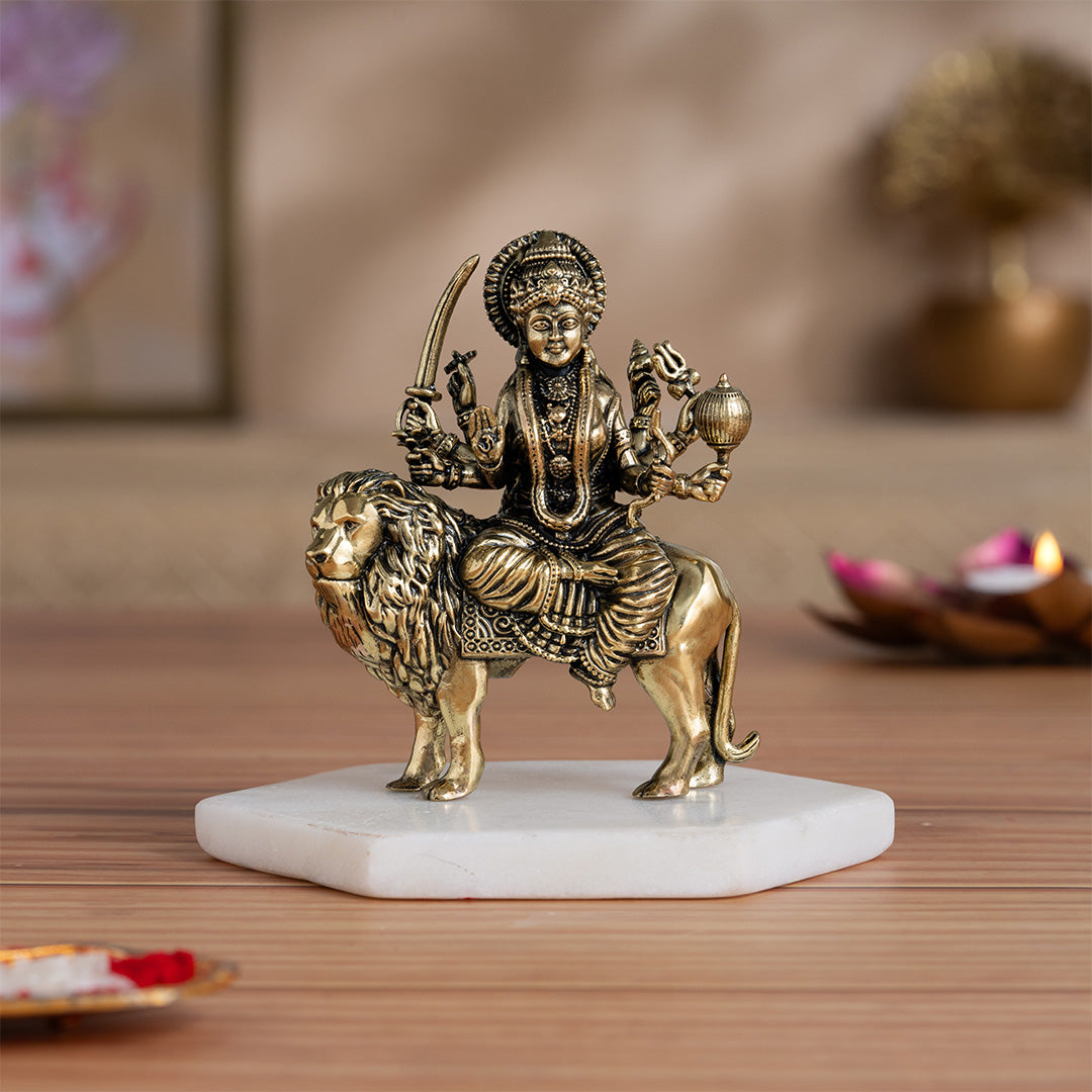Brass 8 Armed Maa Durga Idol Sitting on Lion (4 Inch)