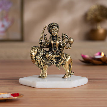 Brass 8 Armed Maa Durga Idol Sitting on Lion (4 Inch)