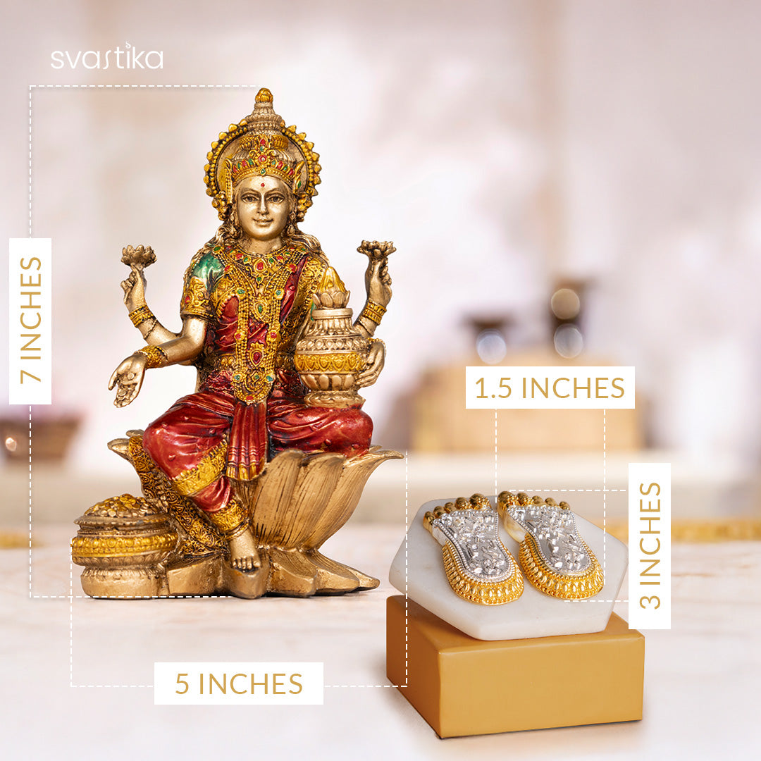 Goddess Lakshmi Antique Idol (7 Inch) with Maa Lakshmi's Charan Paduka - Gold & Silver Plated (3 Inch) - Combo