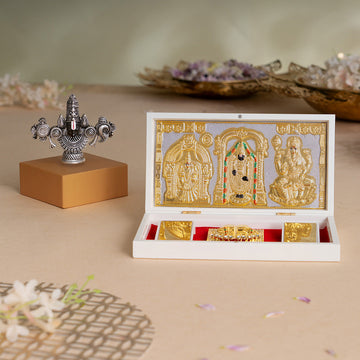 Lord Balaji Face Idol - Silver Plated (4 Inch) with Svastika Balaji Pocket Temple - Gold Plated (Small) - Combo