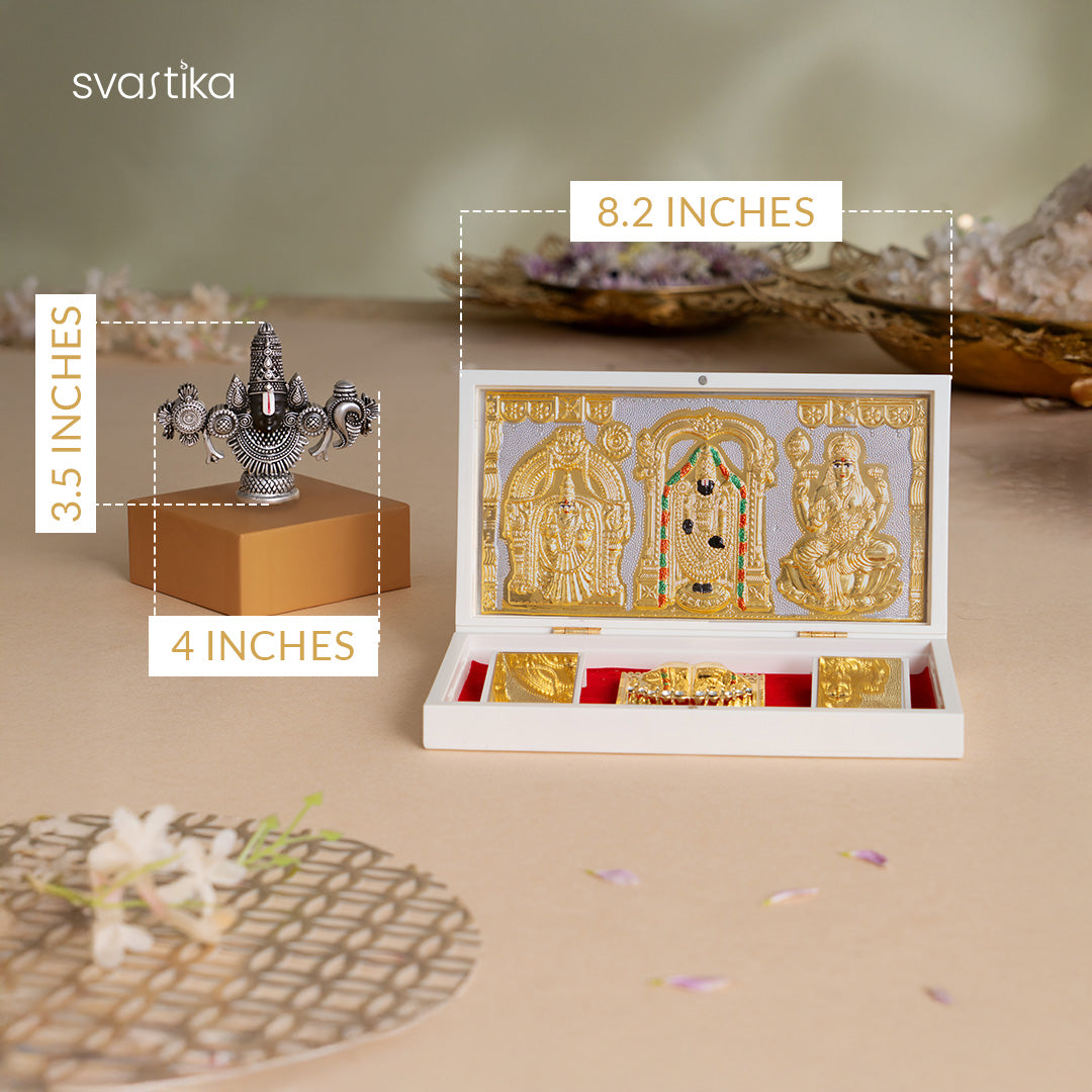 Lord Balaji Face Idol - Silver Plated (4 Inch) with Svastika Balaji Pocket Temple - Gold Plated (Small) - Combo