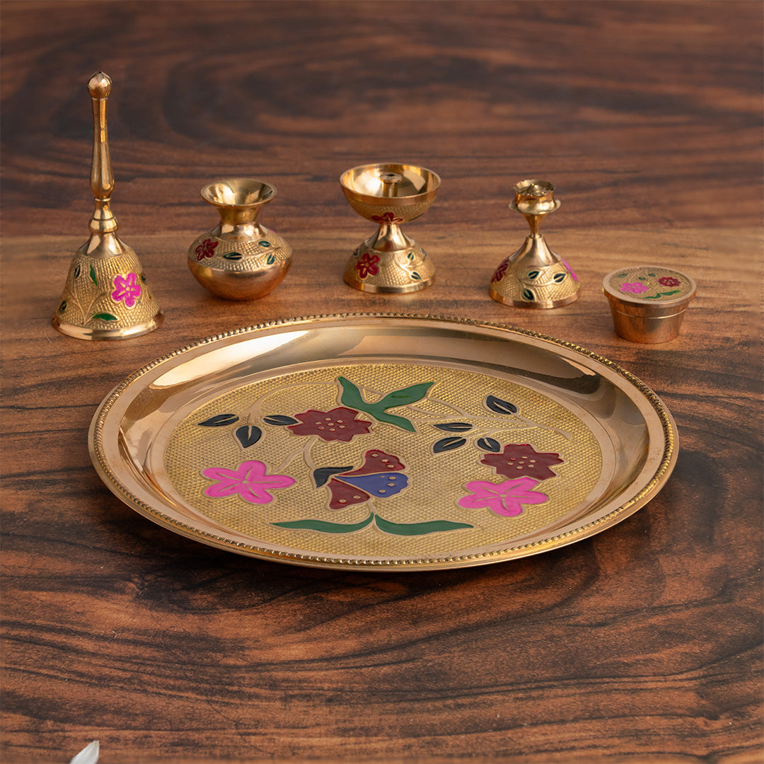 Brass Designer Meenakari Pooja Thali (10 Inch)