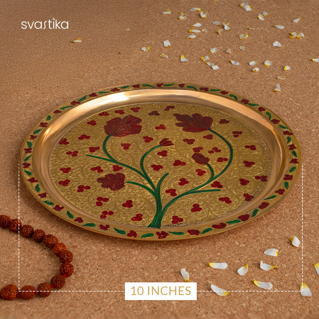 Brass Floral Meenakari Pooja Thali (10 Inch)