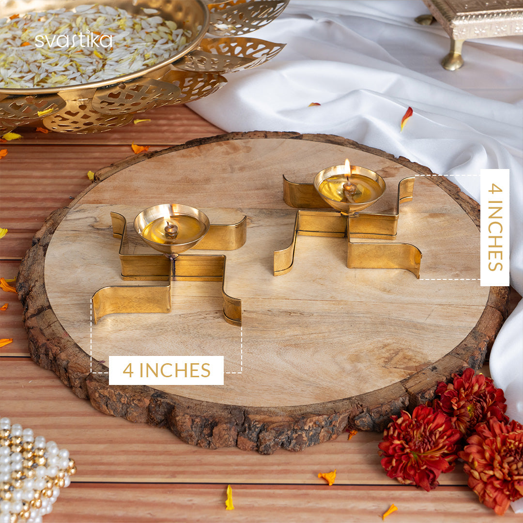 Brass Horizontal Swastika Symbol Diya (Set of 2) 4 inch
