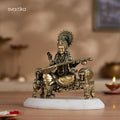 Brass Saraswati Idol Playing Veena On Singhasan 