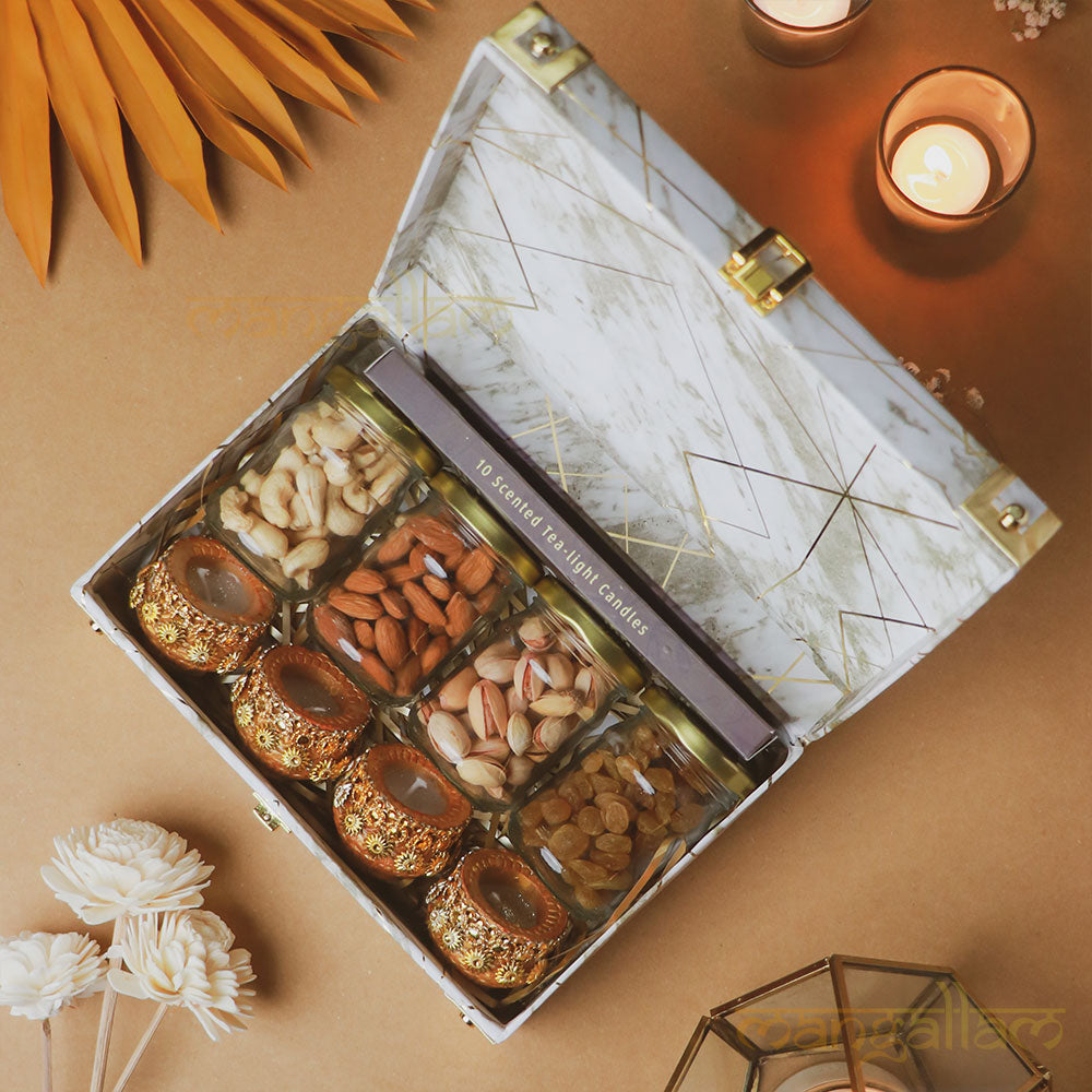 Luxury Dry Fruit, Soy Wax Scented Tea-lights & Handmade Diya Set
