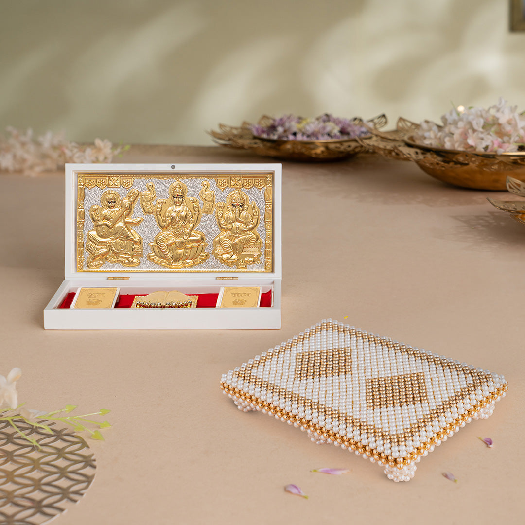 Ganesh Lakshmi Saraswati Pocket Temple - Gold Coated (Small) with White & Gold Pearl Pooja Chowki (9 Inch) - Combo