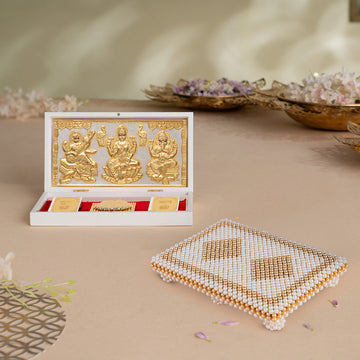 Ganesh Lakshmi Saraswati Pocket Temple - Gold Coated (Small) with White & Gold Pearl Pooja Chowki (9 Inch) - Combo
