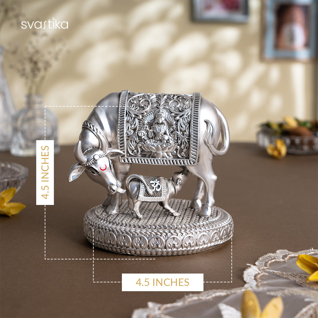Silver plated Kamdhenu Cow with Calf Idol | 4.5 Inch