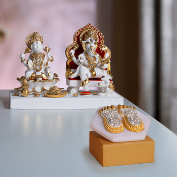 Maa Lakshmi's Charan Paduka - Gold & Silver Plated (3 Inch) with Exquisite White & Gold Lakshmi Ganesh Murti (6 inch) - Combo