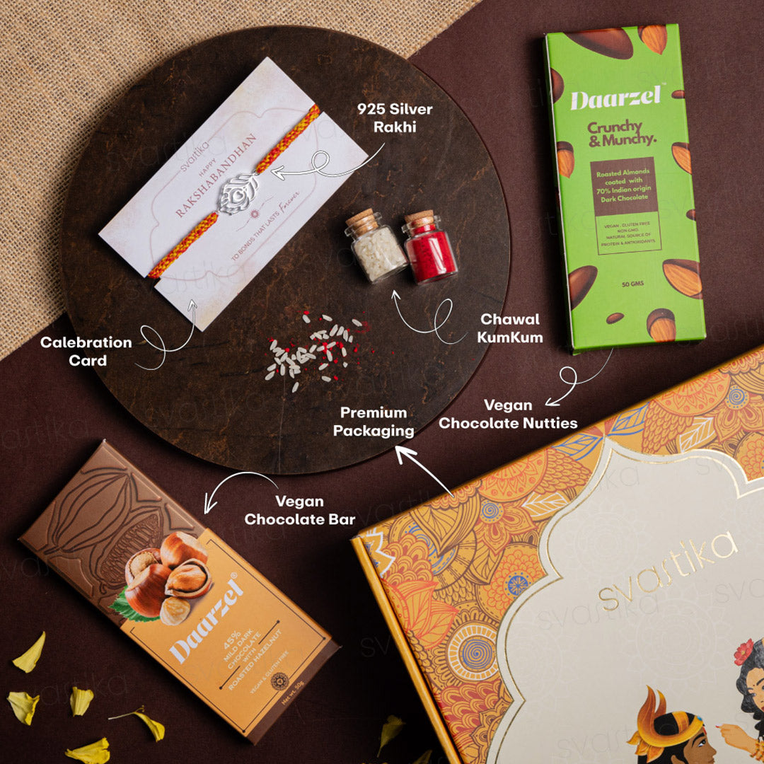 925 Pure Silver ༗ Morpankh Rakhi Hamper Box | Raksha bandhan Chocolate Gift Hamper