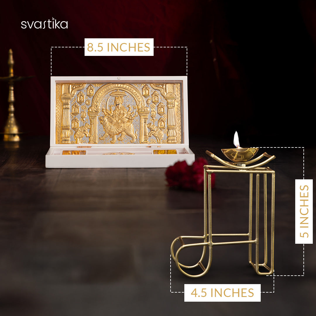 Svastika Nav Durga Pocket Temple - Gold Coated (Small) with Brass Maa Symbol Diya (5 Inch) - Combo