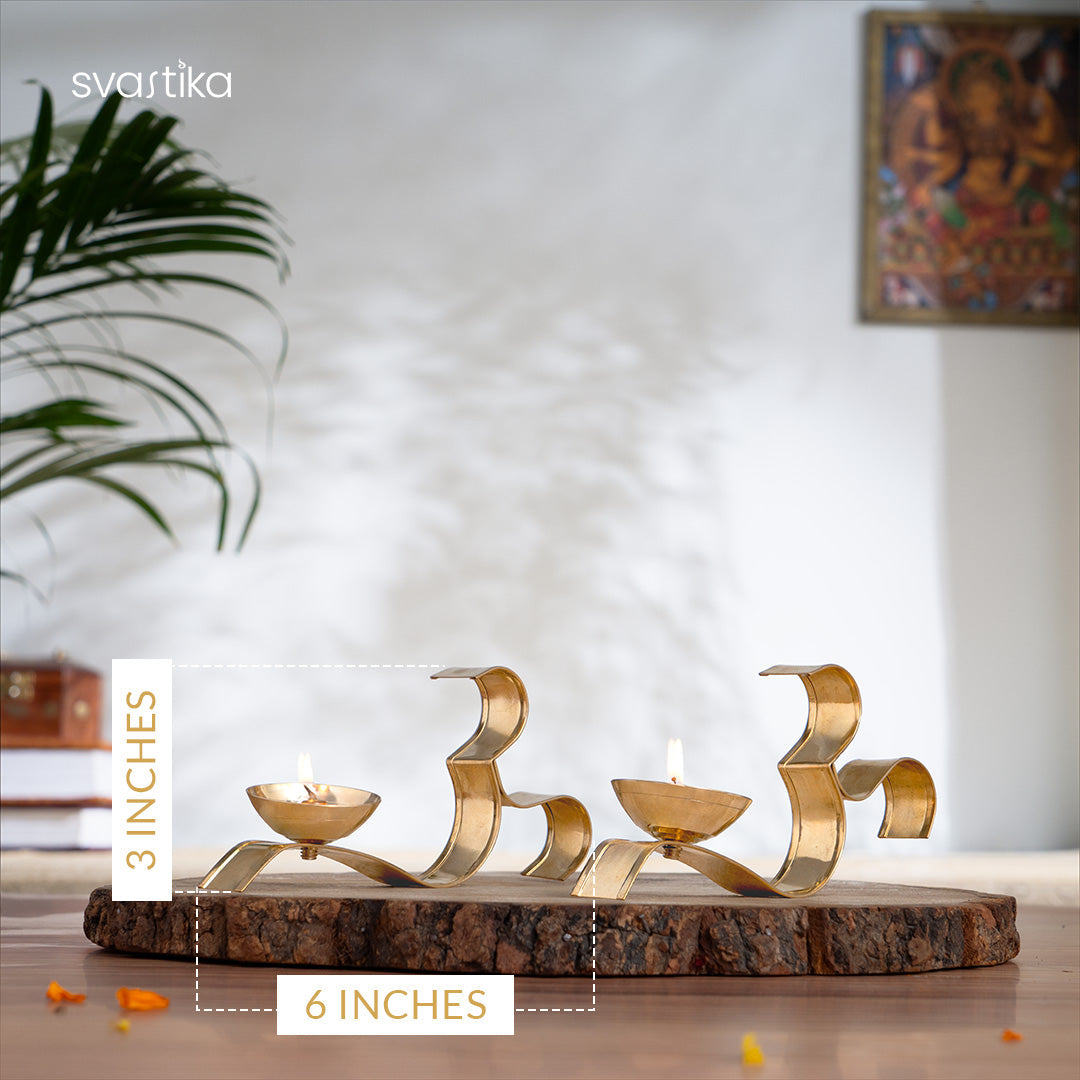 OM ૐ Brass Oil Lamp Diya with Handle - Set of 2 (3 Inch)