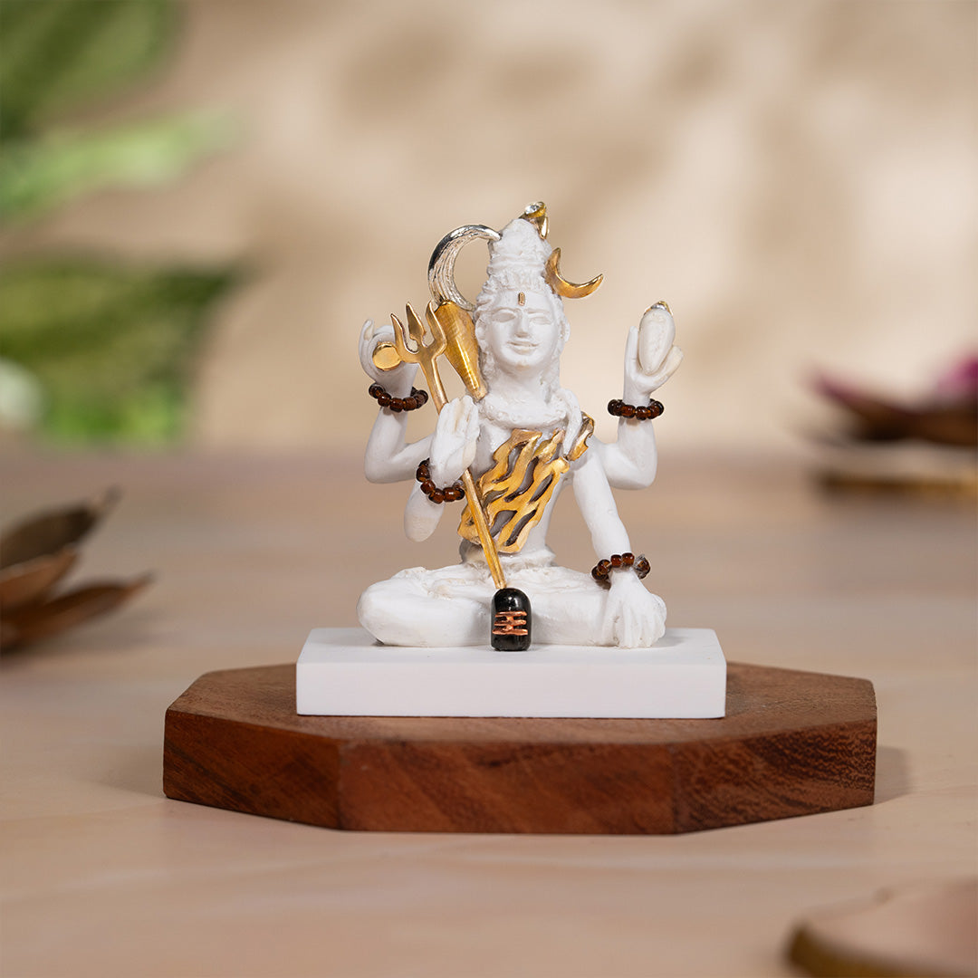 Premium White & Gold Shiva Idol for Car Dashboard (2.75 Inch)