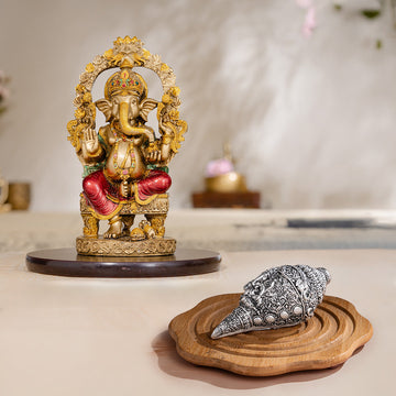 Rustic Ganesha Antique Murti (10 Inch) with Ganesh Shankh (Conch) - Silver Plated (5 Inch) - Combo