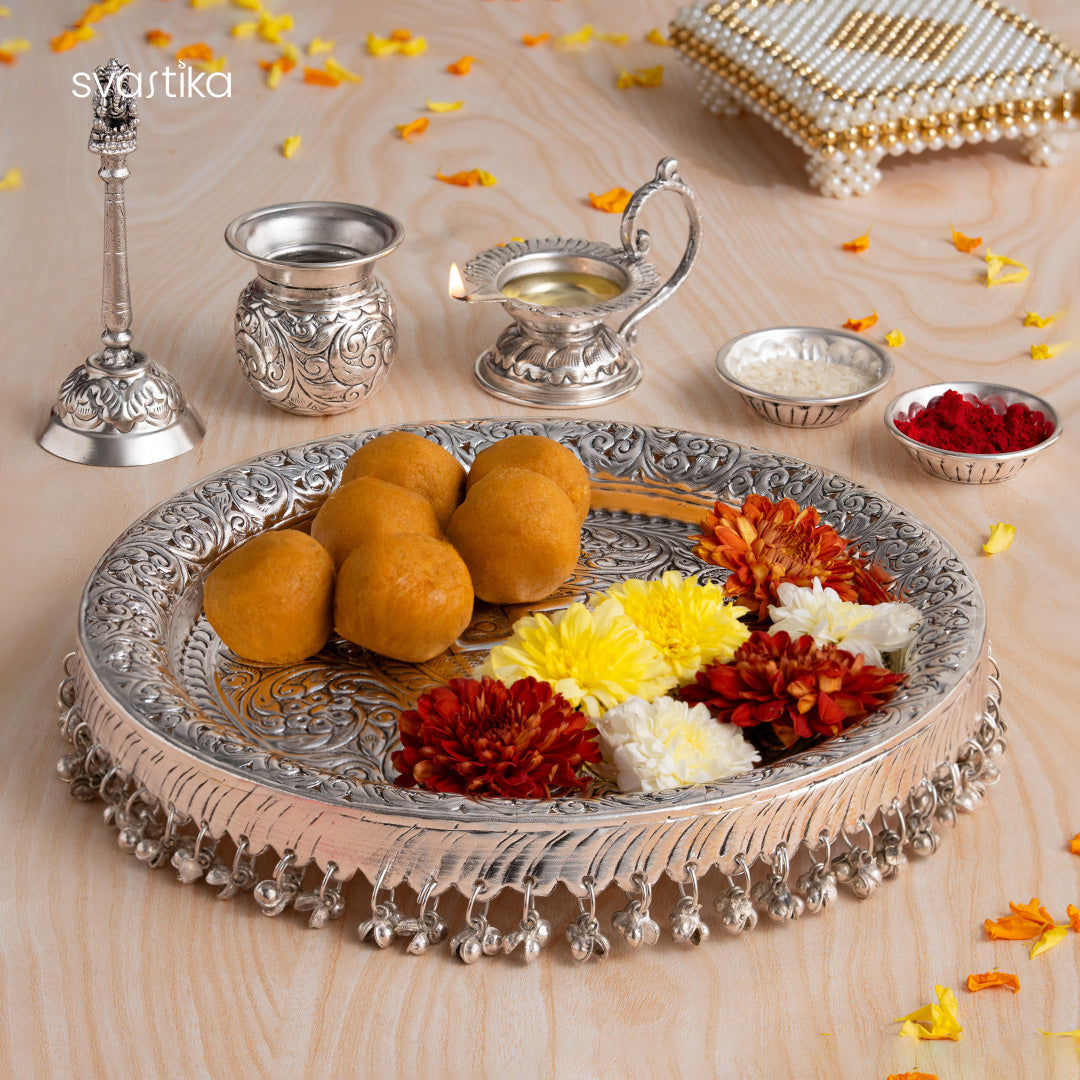 Swastik Engraved Pooja Thali Silver Plated 