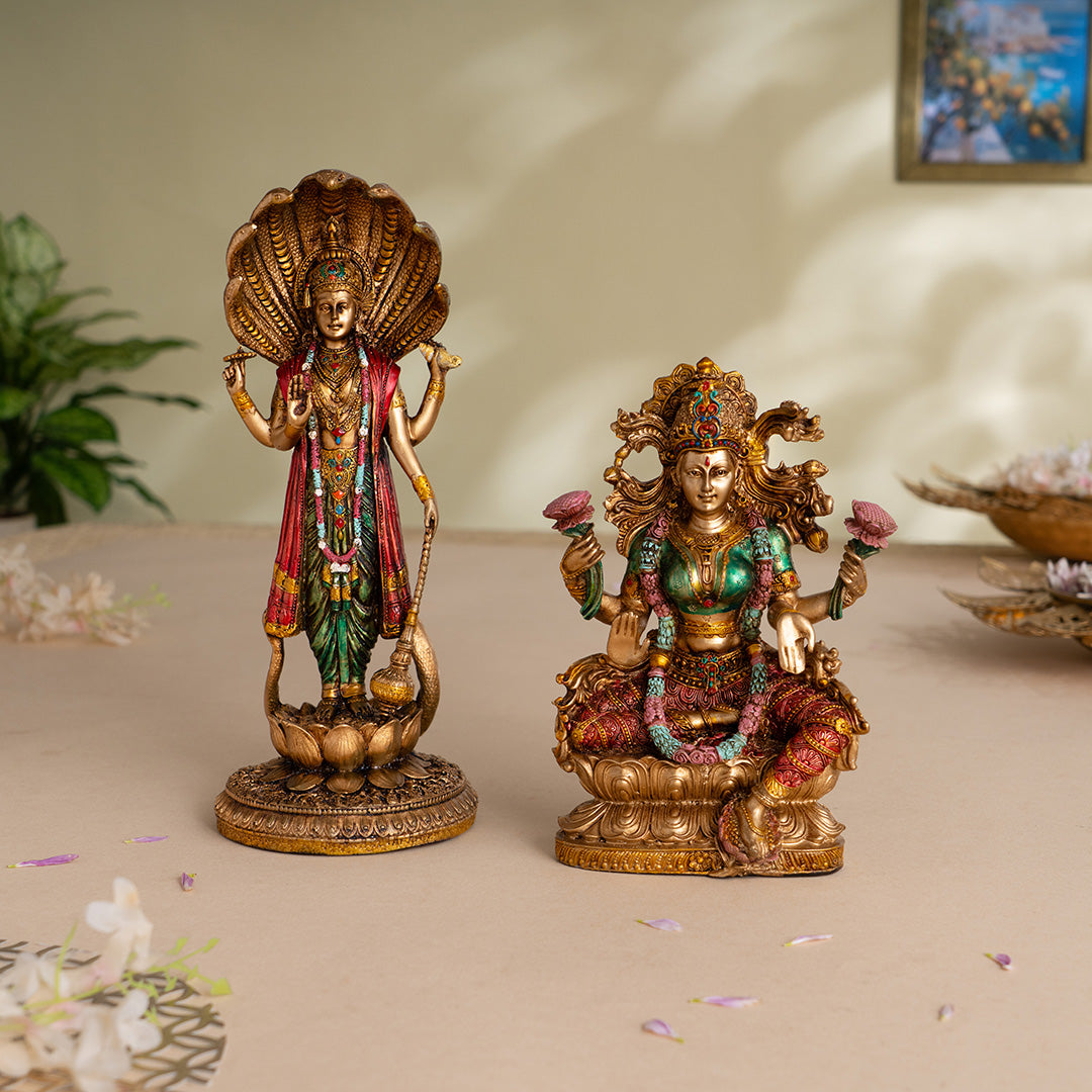 Lord Vishnu Standing Antique Idol (12 Inch) with Goddess Lakshmi Maa Antique Murti (10 Inch) - Combo