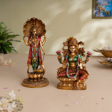 Lord Vishnu Standing Antique Idol (12 Inch) with Goddess Lakshmi Maa Antique Murti (10 Inch) - Combo