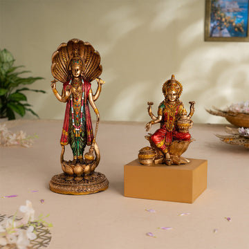 Lord Vishnu Standing Antique Idol (12 Inch) with Goddess Lakshmi Antique Idol (7 Inch) - Combo