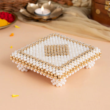 White & Gold Pearl Pooja Chowki (7 Inch)