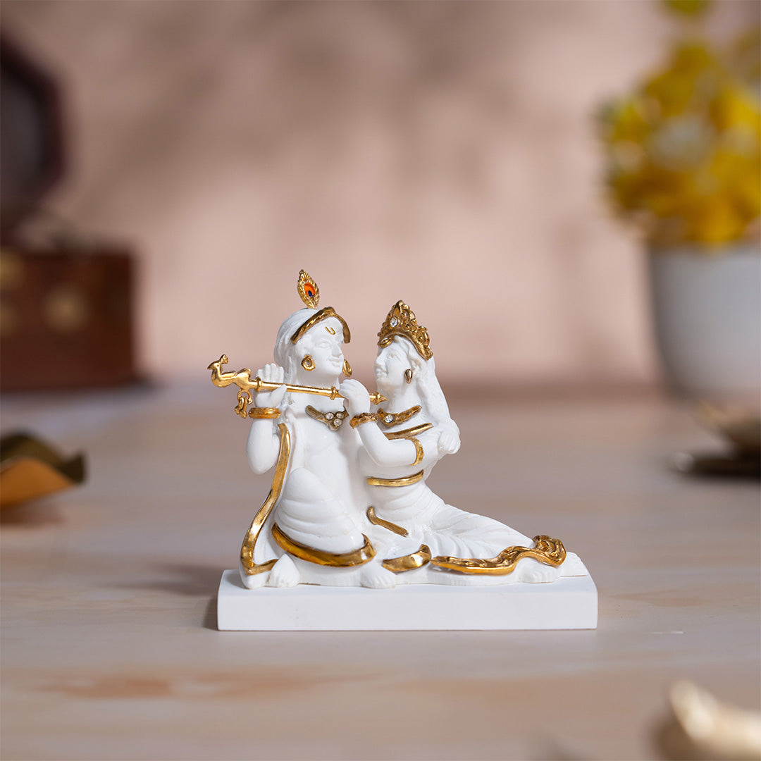 Luxurious White & Gold Radha Krishna Murti For Car Dashboard (3 Inch)