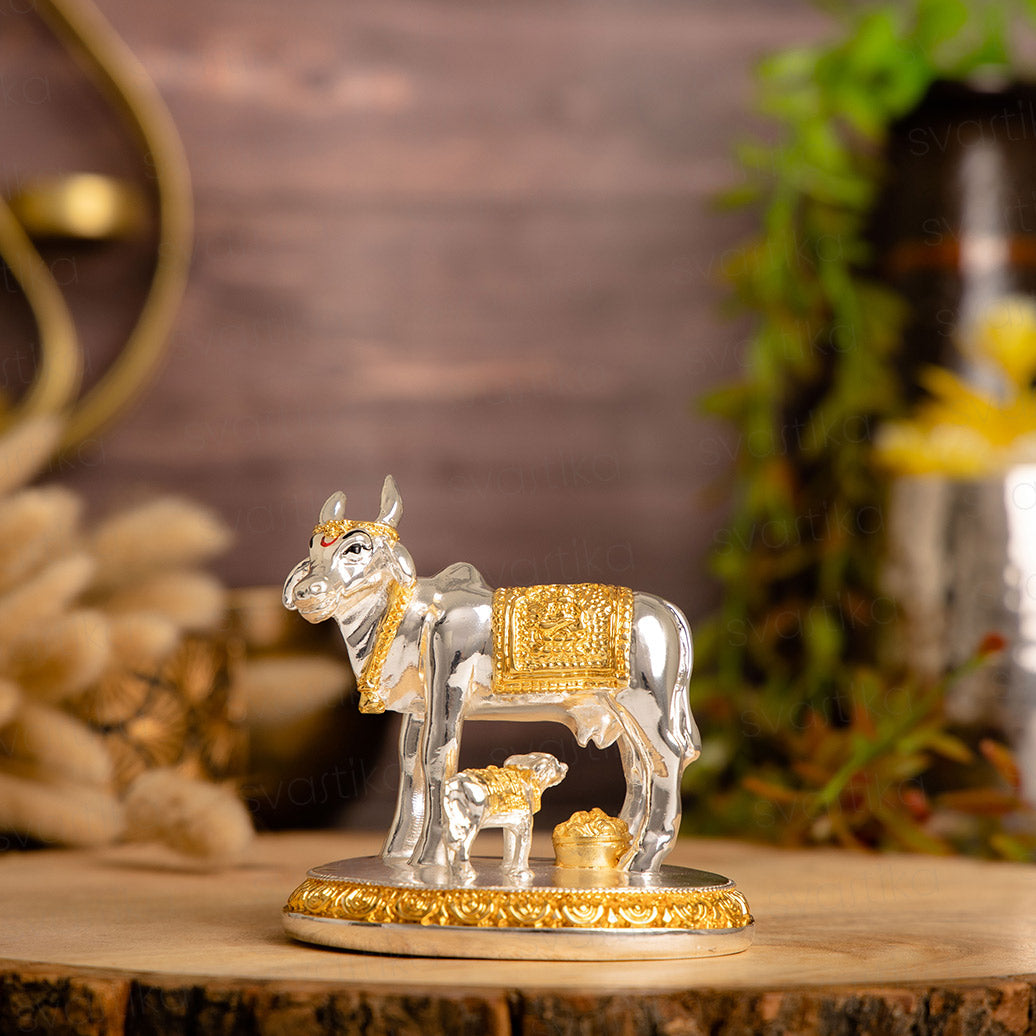 Statue of kamdhenu with calf for home decor